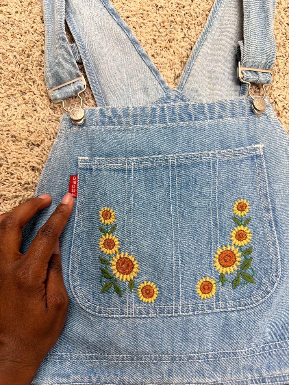 Vintage Denim Sunflower Embroidered Short Overalls - Blue - Picture 5 of 10